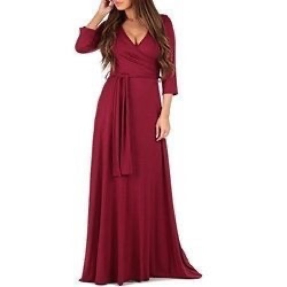 Burgundy Women’s 3/4 inch sleeve wrap v-neck Dress